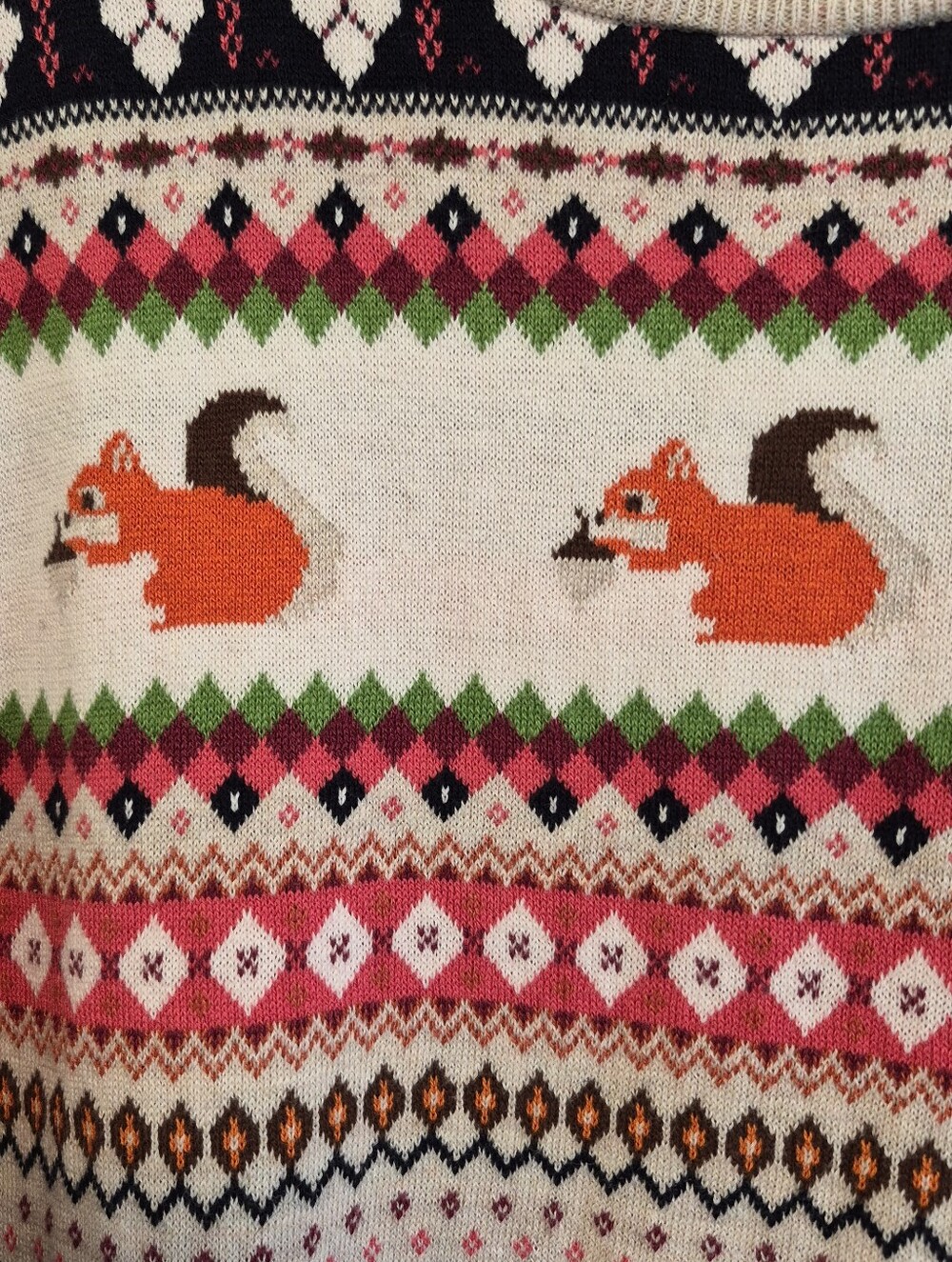 Talbots Squirrel Fair Isle Sweater Button Shoulder Crewneck Beige/Orange Size XL - Picture 5 of 12